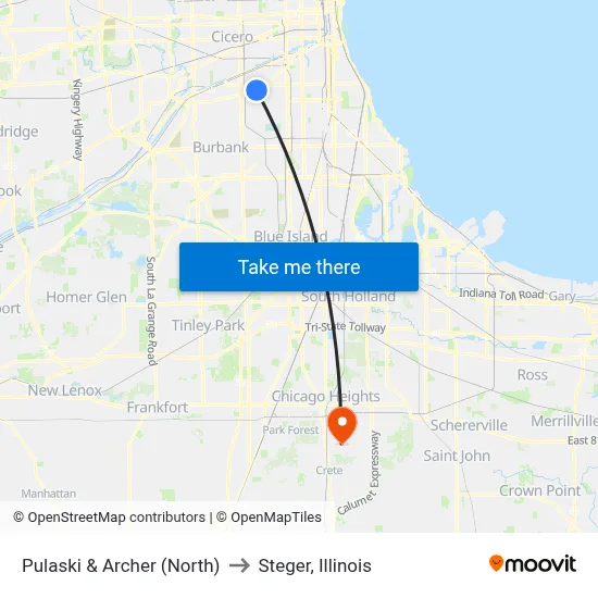 Pulaski & Archer (North) to Steger, Illinois map