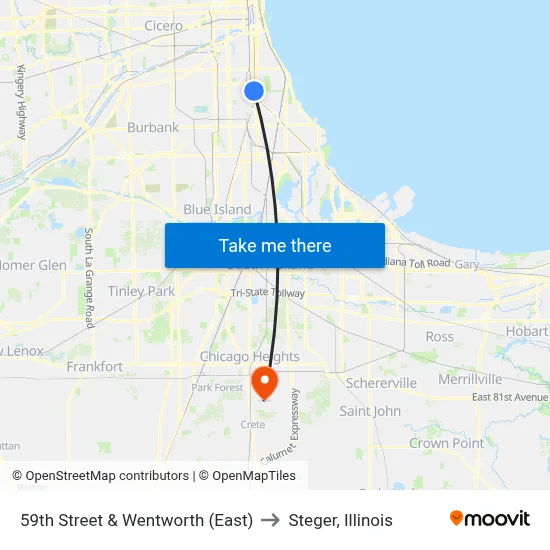 59th Street & Wentworth (East) to Steger, Illinois map