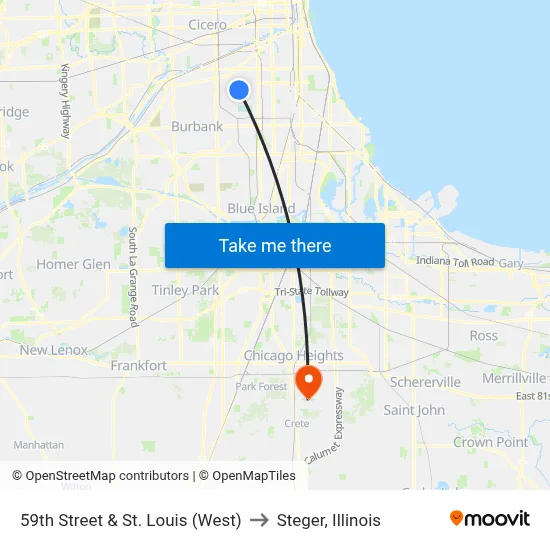 59th Street & St. Louis (West) to Steger, Illinois map