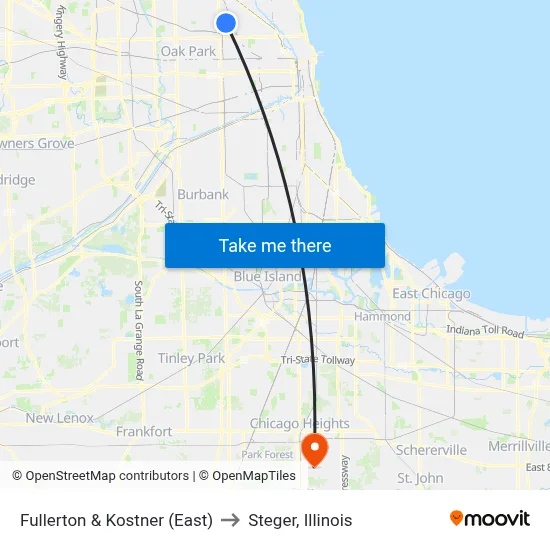Fullerton & Kostner (East) to Steger, Illinois map