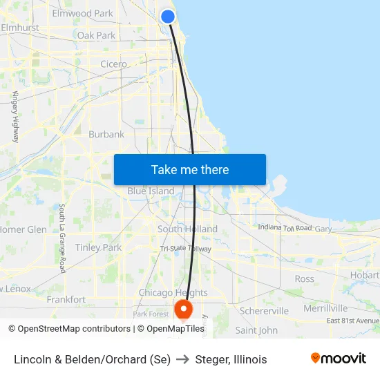 Lincoln & Belden/Orchard (Se) to Steger, Illinois map