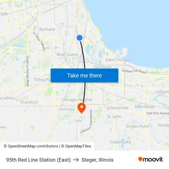 95th Red Line Station (East) to Steger, Illinois map