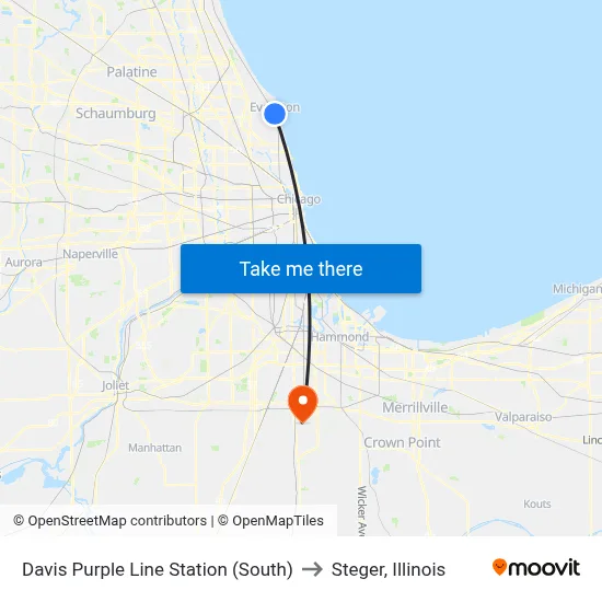 Davis Purple Line Station (South) to Steger, Illinois map