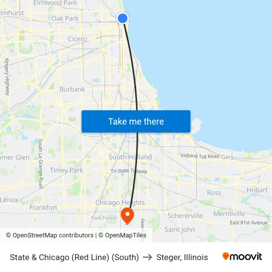 State & Chicago (Red Line) (South) to Steger, Illinois map