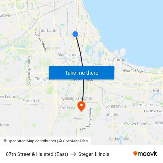 87th Street & Halsted (East) to Steger, Illinois map