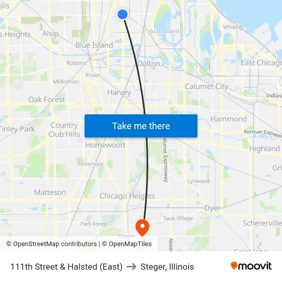 111th Street & Halsted (East) to Steger, Illinois map