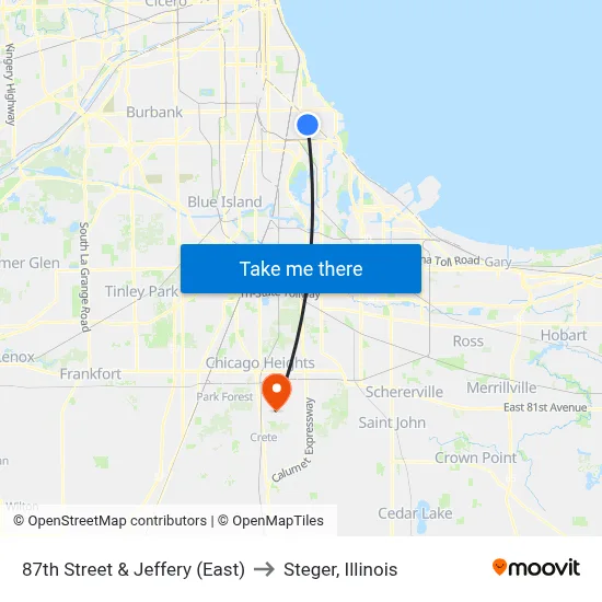 87th Street & Jeffery (East) to Steger, Illinois map