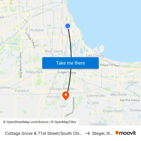 Cottage Grove & 71st Street/South Chicago (North) to Steger, Illinois map