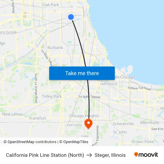 California Pink Line Station (North) to Steger, Illinois map