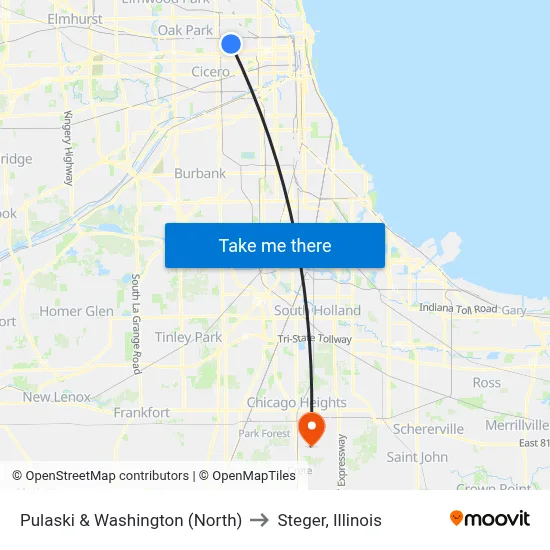 Pulaski & Washington (North) to Steger, Illinois map