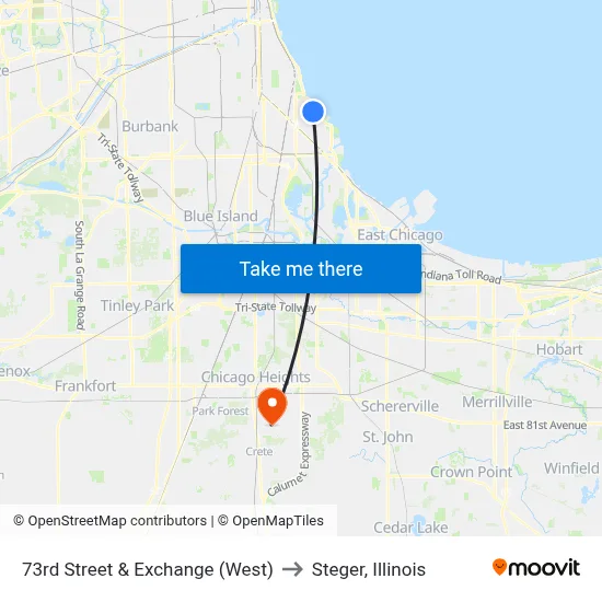 73rd Street & Exchange (West) to Steger, Illinois map