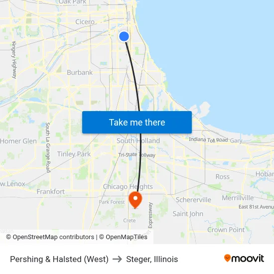 Pershing & Halsted (West) to Steger, Illinois map