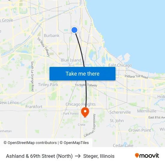 Ashland & 69th Street (North) to Steger, Illinois map