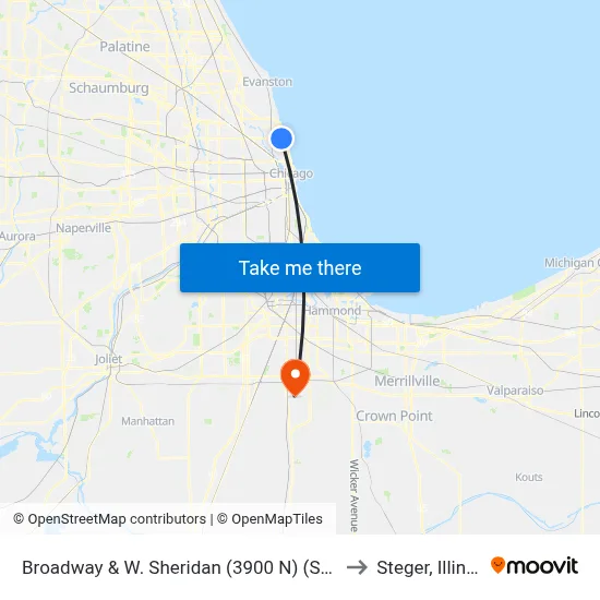 Broadway & W. Sheridan (3900 N) (South) to Steger, Illinois map