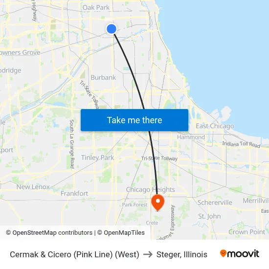 Cermak & Cicero (Pink Line) (West) to Steger, Illinois map