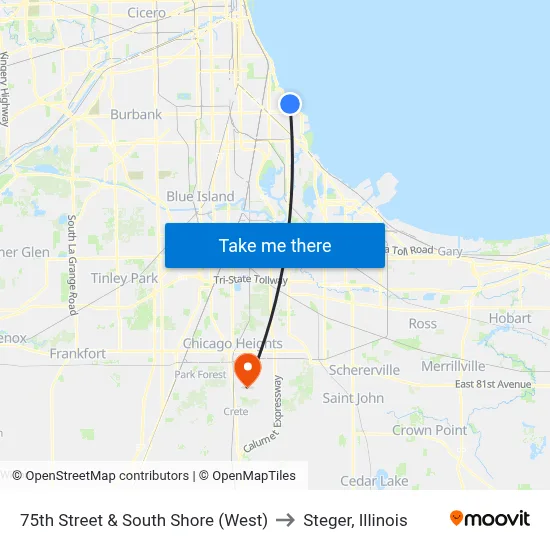 75th Street & South Shore (West) to Steger, Illinois map