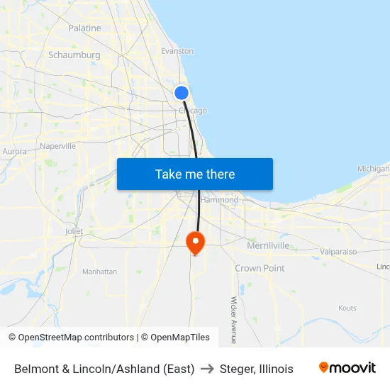 Belmont & Lincoln/Ashland (East) to Steger, Illinois map