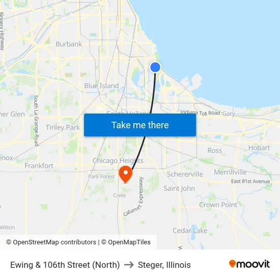 Ewing & 106th Street (North) to Steger, Illinois map