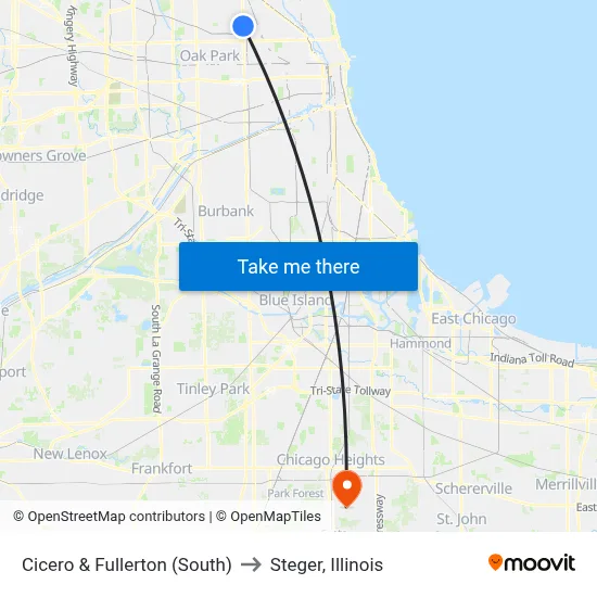Cicero & Fullerton (South) to Steger, Illinois map