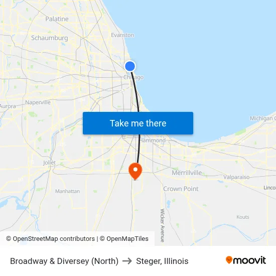 Broadway & Diversey (North) to Steger, Illinois map