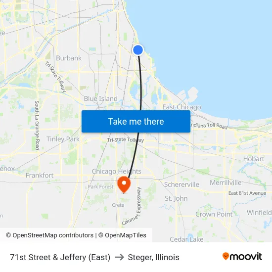 71st Street & Jeffery (East) to Steger, Illinois map