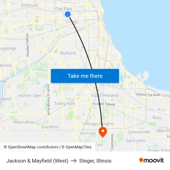 Jackson & Mayfield (West) to Steger, Illinois map