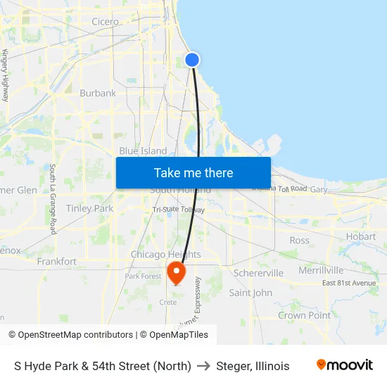 S Hyde Park & 54th Street (North) to Steger, Illinois map