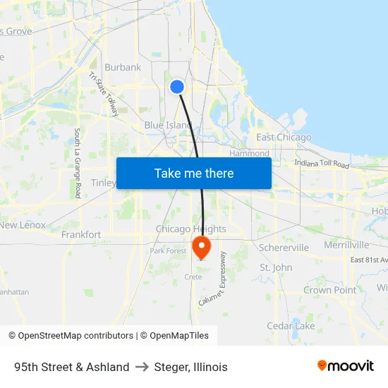95th Street & Ashland to Steger, Illinois map