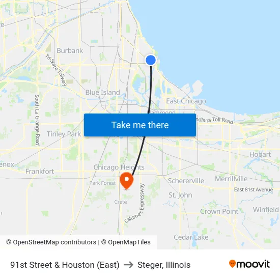 91st Street & Houston (East) to Steger, Illinois map