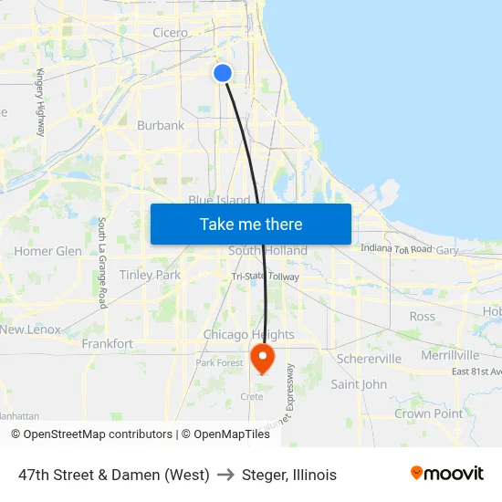 47th Street & Damen (West) to Steger, Illinois map