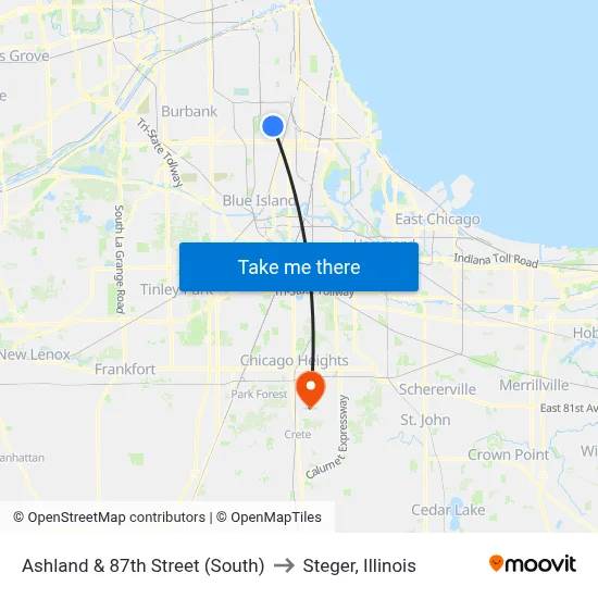 Ashland & 87th Street (South) to Steger, Illinois map