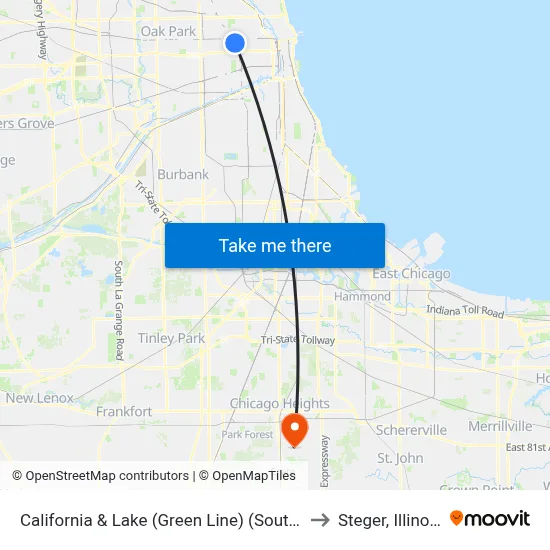 California & Lake (Green Line) (South) to Steger, Illinois map