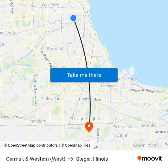 Cermak & Western (West) to Steger, Illinois map
