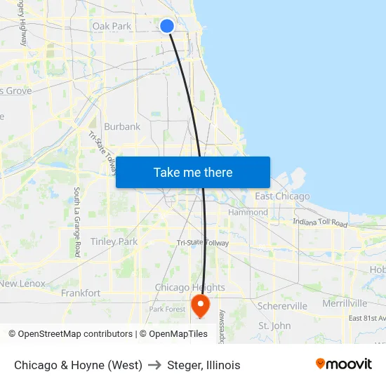 Chicago & Hoyne (West) to Steger, Illinois map