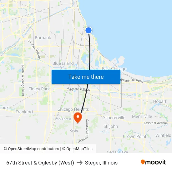 67th Street & Oglesby (West) to Steger, Illinois map