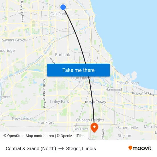 Central & Grand (North) to Steger, Illinois map
