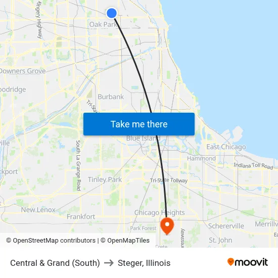 Central & Grand (South) to Steger, Illinois map