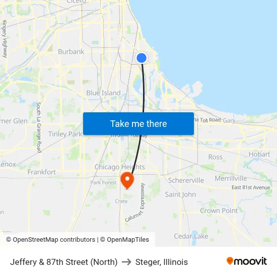 Jeffery & 87th Street (North) to Steger, Illinois map