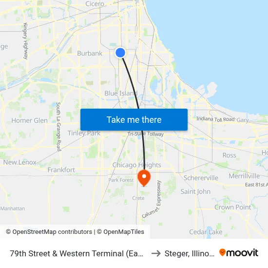 79th Street & Western Terminal (East) to Steger, Illinois map