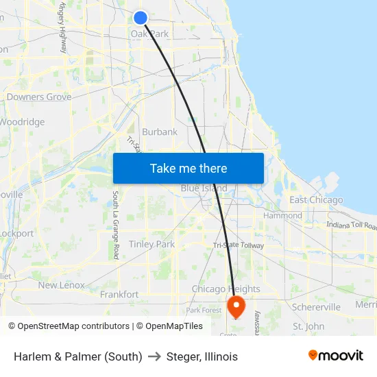 Harlem & Palmer (South) to Steger, Illinois map