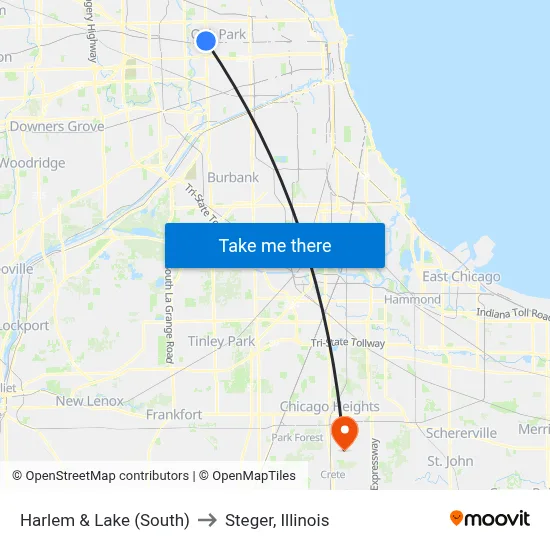 Harlem & Lake (South) to Steger, Illinois map