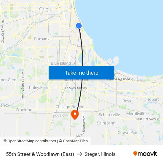 55th Street & Woodlawn (East) to Steger, Illinois map