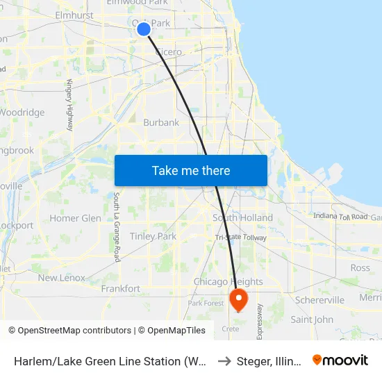 Harlem/Lake Green Line Station (West) to Steger, Illinois map