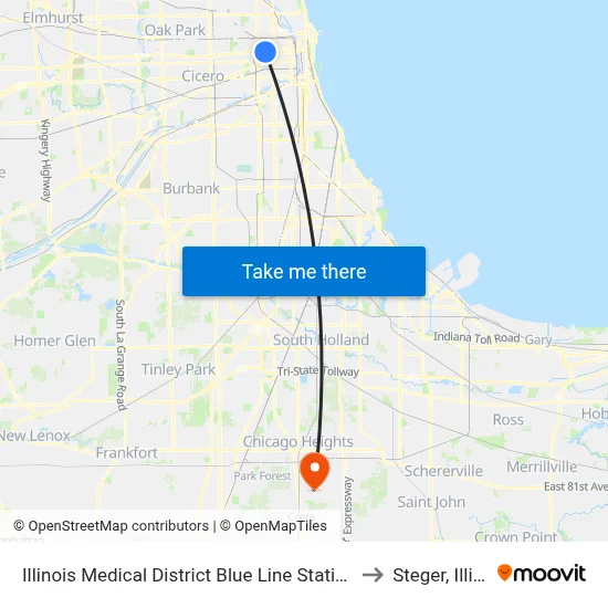 Illinois Medical District Blue Line Station (North) to Steger, Illinois map