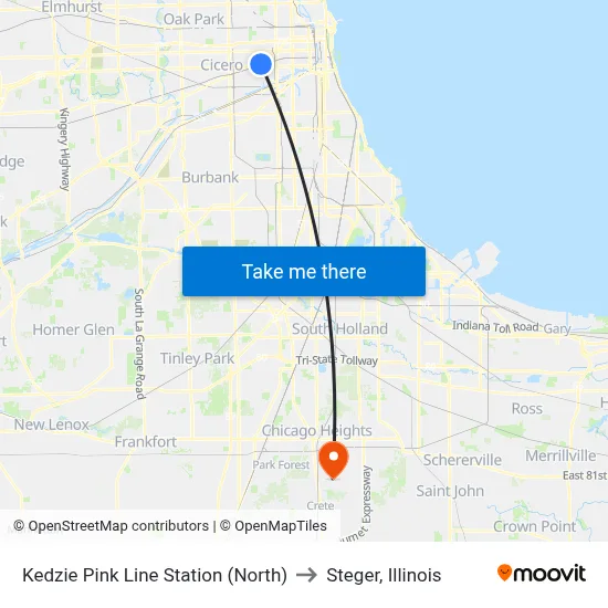 Kedzie Pink Line Station (North) to Steger, Illinois map
