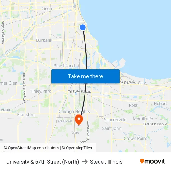 University & 57th Street (North) to Steger, Illinois map