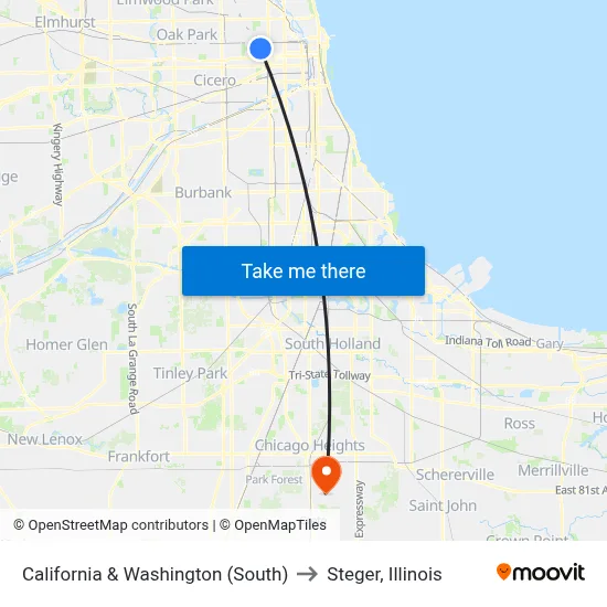 California & Washington (South) to Steger, Illinois map