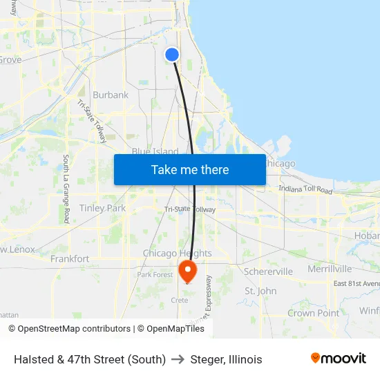 Halsted & 47th Street (South) to Steger, Illinois map
