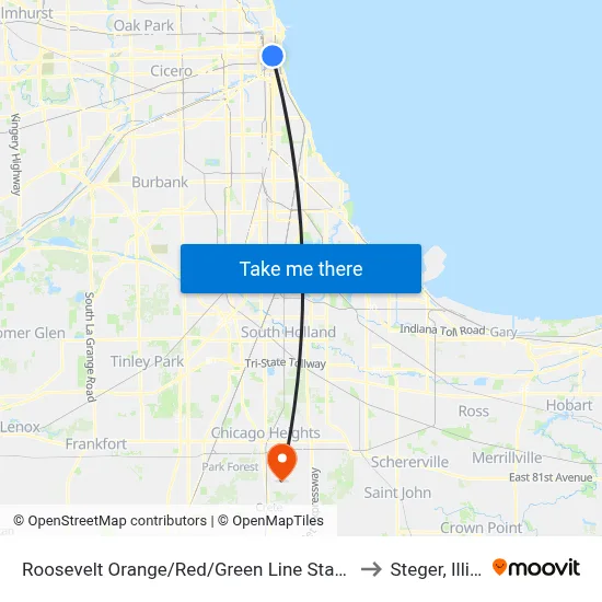 Roosevelt Orange/Red/Green Line Station (West) to Steger, Illinois map