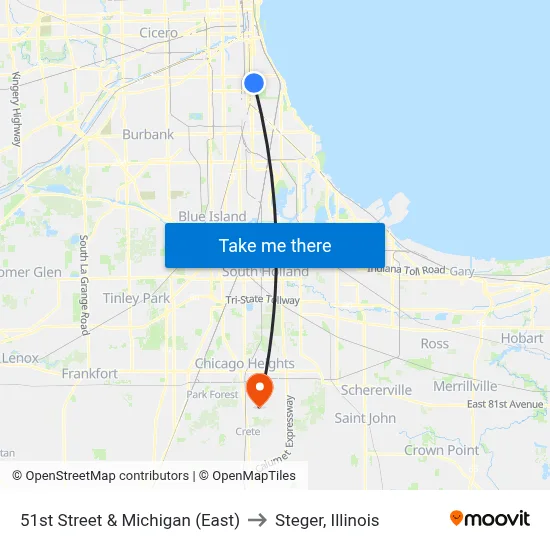 51st Street & Michigan (East) to Steger, Illinois map
